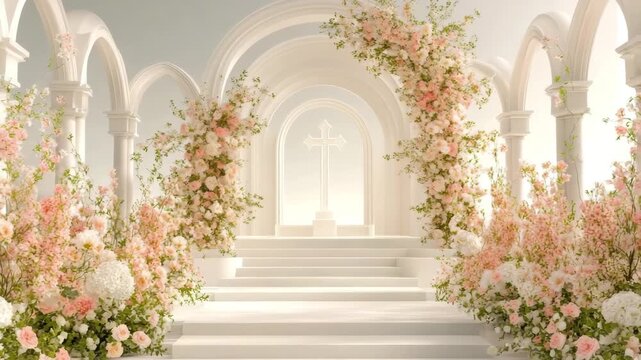 Elegant church interior with white arches, soft pink floral arrangement, glowing cross, and steps creating serene atmosphere for wedding ceremony filled with romance and peace