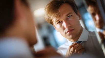 Dapper Businessman Preparing in Mirror with Cinematic Lighting and Bokeh Effect