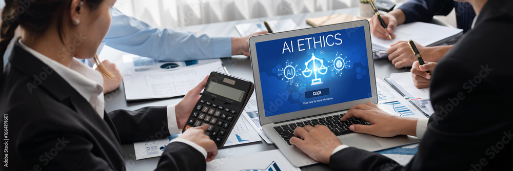Aufkleber ai ethics responsibility standard law and rules on computer screen provide report of ai ethic transp