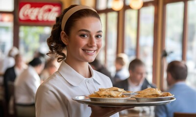 Smiling waitress serving pastries in a diner