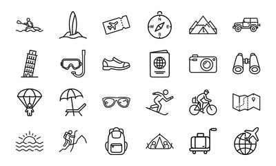 Travel and Adventure Line Icons Set – Tourism, Vacation, Hiking, Camping, Airplane Ticket, Luggage, Backpack, Mountain Climbing, Surfing, Cycling, Snorkeling, Summer Holiday and Outdoor Exploration Ve
