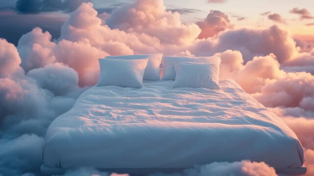 White bed pillow floating among soft colorful clouds at sunset in sky, creating dreamy peaceful comfort and relaxation with soft bedding atmosphere