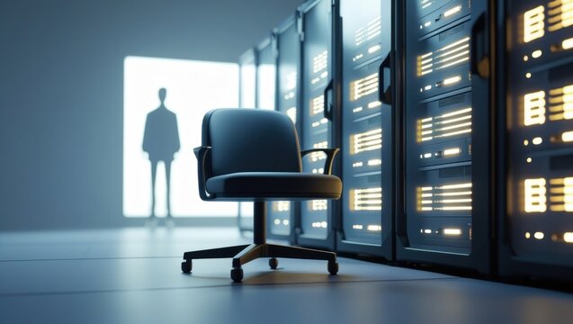 An empty office chair sits amidst a server room, highlighting a sense of emptiness and potential.