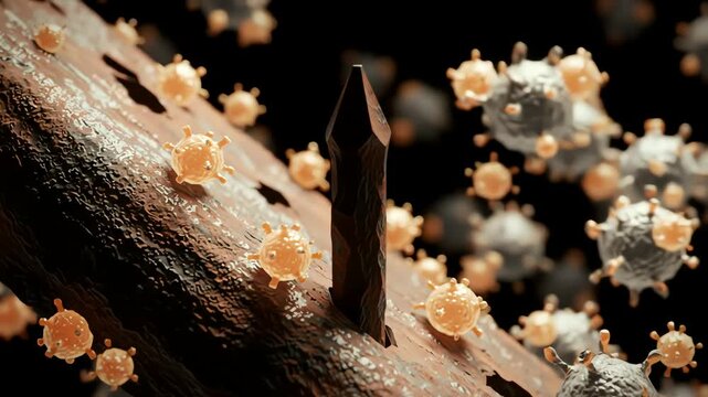 tetanus spores clinging to rusted metal, their spherical shells sparkling faintly in dim light