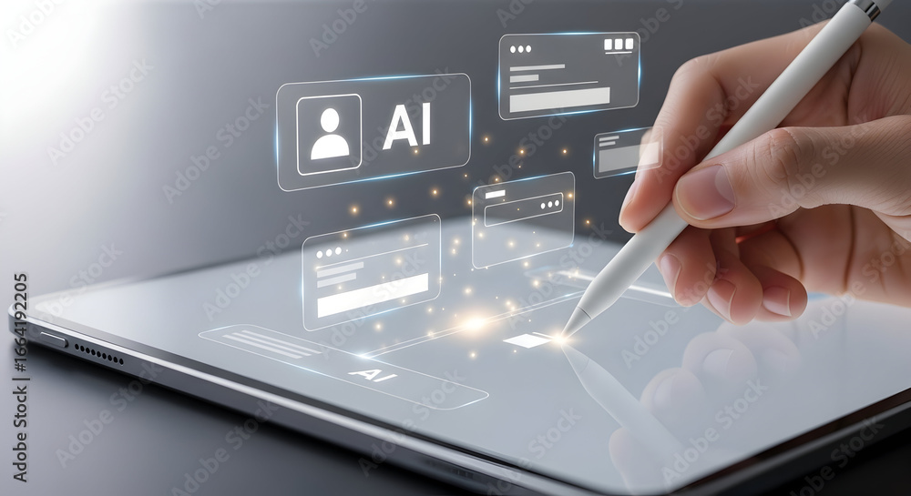 Fototapete hand using a digital stylus on a tablet, interacting with holographic artificial intelligence interf
