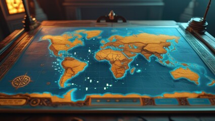 A detailed world map, displayed on a decorative, ornate table,  illuminated with glowing turquoise markers.