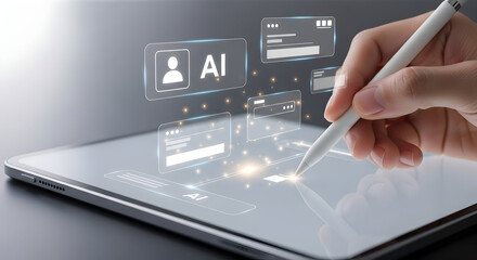 Hand using a digital stylus on a tablet, interacting with holographic artificial intelligence interfaces and data visualizations.