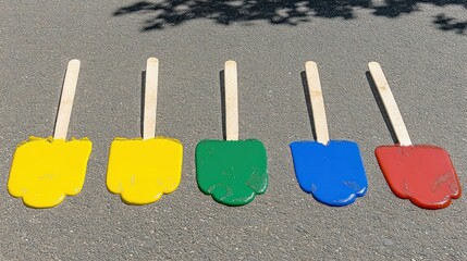 Colorful homemade ice cream on sticks lined up on concrete surface for creative projects