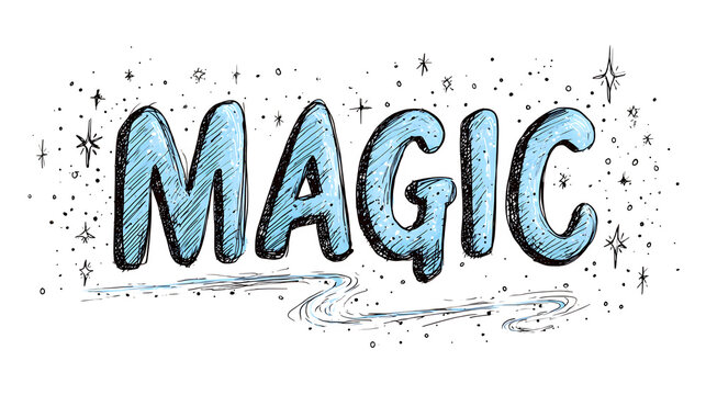 A doodle typography illustration of the word "MAGIC", where the letters are whimsical, glowing, and have a trail of sparkling pixie dust, isolated on a Transparent Background