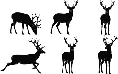 Silhouette of deer, stag, and elk in various poses, isolated on white background, perfect for wildlife, nature, hunting, or outdoor-themed designs