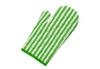 Green and white striped oven mitt isolated on transparent background