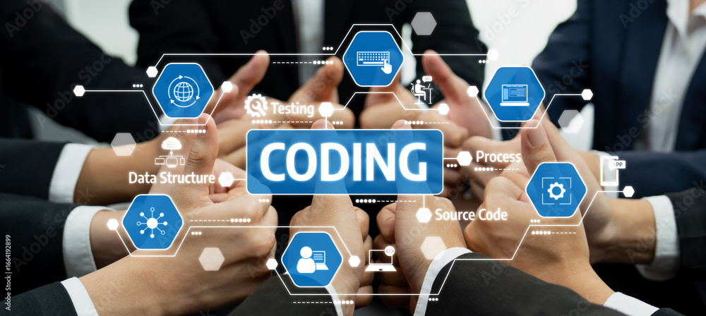 Poster this image depicts a collaborative coding session where multiple hands come together, symbolizing te