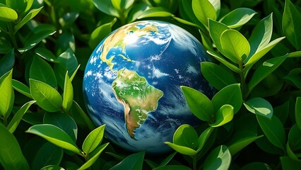 Earth globe surrounded by lush green leaves, symbolizing environmental awareness under natural ambient light.