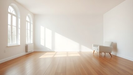 Minimalist living room with clean white walls and warm wood flooring, featuring mid-century modern furniture and soft natural light.