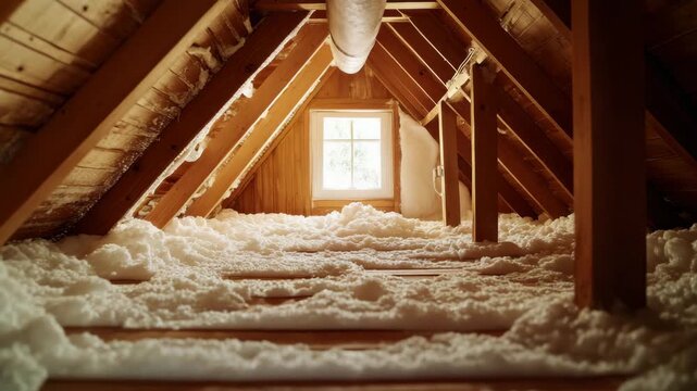 Attic insulation with fluffy white material covering wooden floor and walls pitched roof window letting natural light creating warm cozy home atmosphere with wooden beams and foam insulation spread