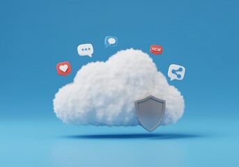 Cloud Computing Security and Social Media Connectivity Illustration with Shield Symbol for Data Protection and Modern Communication Methods