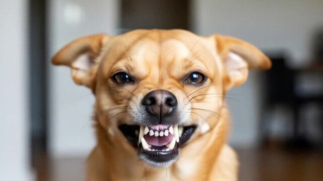 A compilation of a small brown dog showing different stages of barking and growling, capturing canine behavior and potential animal aggression with various facial expressions and teeth baring moments
