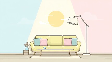A pastel-colored living room scene with a yellow sofa and floor lamp.