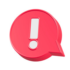 A shiny red round attention alert icon with a metal exclamation mark button 3d rendering