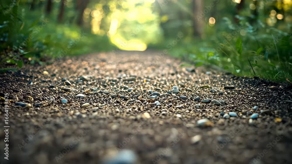 Poster ground level view of a forest path with sunlight peeking through the trees creating a serene