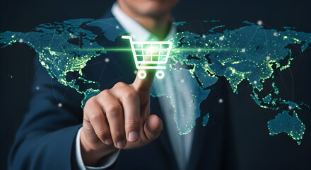 Global online shopping and e-commerce business concept with a man touching a digital shopping cart.