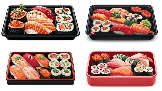 Four diverse sushi takeout containers, showcasing various nigiri, maki, and sashimi pieces, arranged in a grid pattern