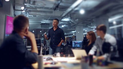 Obraz premium Inspiring Male Business Leader Motivating Team in Office with Softbox Lighting and Tilt-Shift Effect, Wide Shot