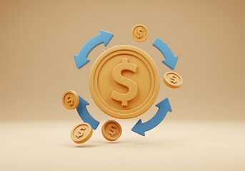 Dollar Coin Cycle with Blue Arrows Illustrating Financial Circulation and Investment Growth in Beige Background Rendering