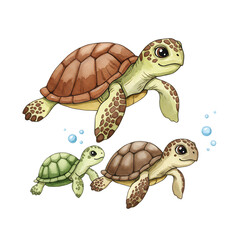 Naklejka premium Watercolor Sea Turtle Mom and Baby – Cute Ocean Animal Illustration for Posters, Cards, Wall Art & Decoration