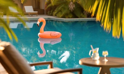 Tranquil poolside scene with flamingo float