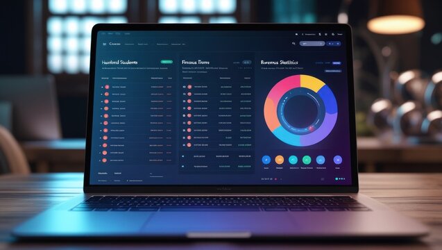 A laptop computer displays a data dashboard with financial charts and student information, showcasing a modern interface with vibrant colors.
