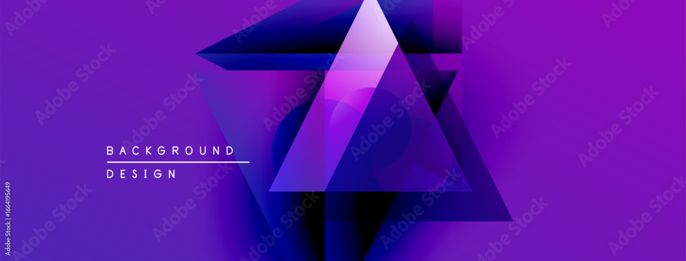 Poster abstract purple design features overlapping triangles, gradients, dynamic composition. modern aesthe