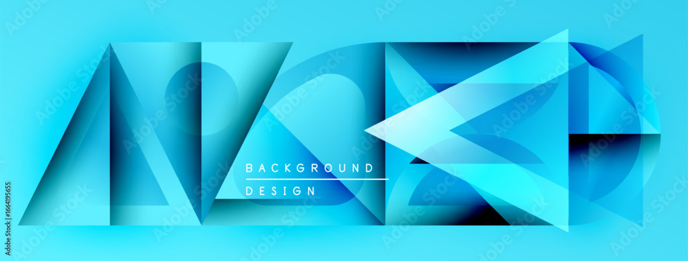 Poster Abstract geometric shapes, vibrant blue hues, modern design elements. Background features layered triangles, creating dynamic visual texture.