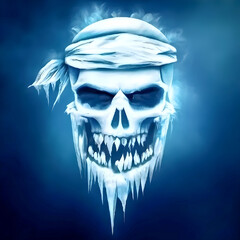 A chilling, icy skull with a bandana and sharp icicle teeth, rendered in cool blue tones, evoking a ghostly and eerie pirate theme.