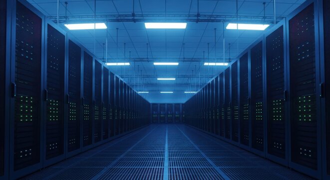 Server room with rows of computer racks and blue lighting
