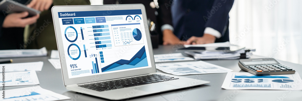 Poster panorama shot analyst team utilizing bi fintech to analyze financial report with laptop. businesspeo