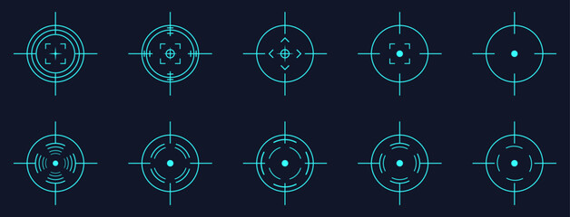 Collection of modern blue digital crosshair target icons. Futuristic sniper reticle designs for weapon sights, shooting games, military optics, HUD interface, army aim focus and navigation graphics.