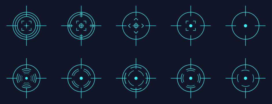 Collection of modern blue digital crosshair target icons. Futuristic sniper reticle designs for weapon sights, shooting games, military optics, HUD interface, army aim focus and navigation graphics.
