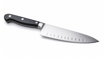 Professional kitchen knife with black handle and shiny blade