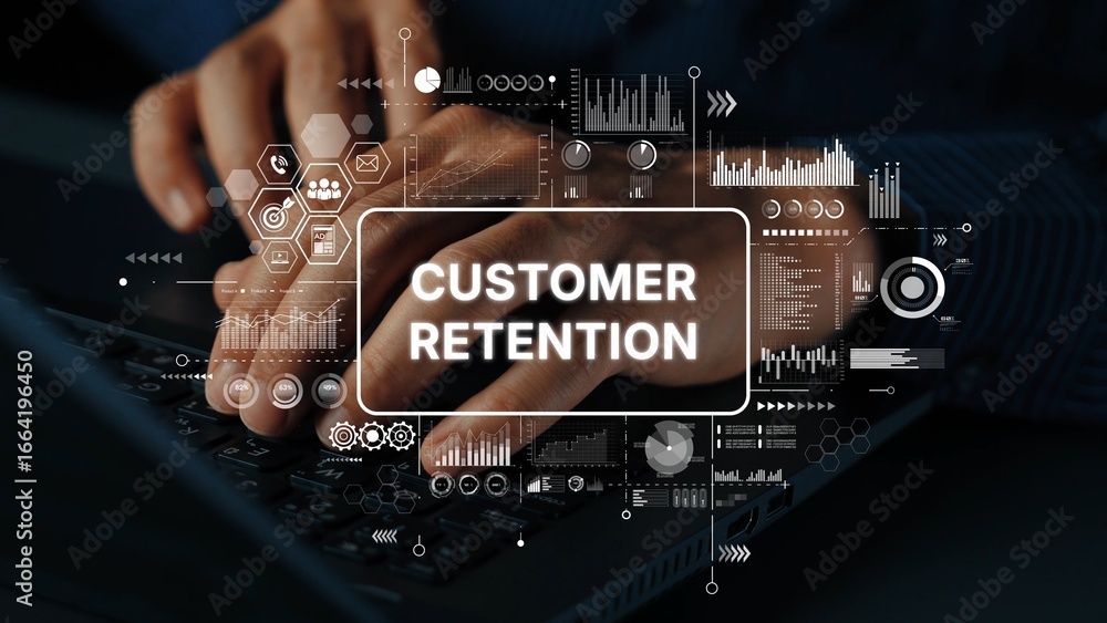 Poster hands typing on laptop with digital graphics illustrating customer retention strategies in modern bu