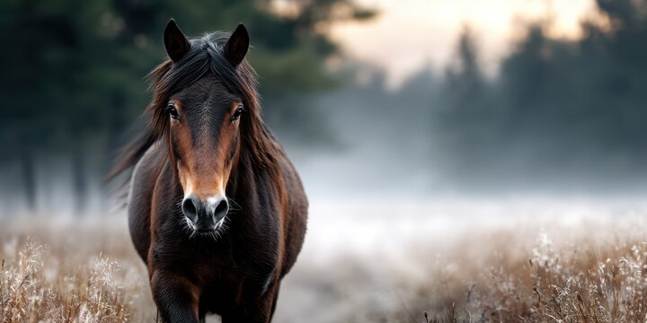 Majestic horse walking through misty field at dawn showcasing nature's beauty