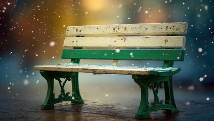 Outdoor wooden park bench in winter snowfall
