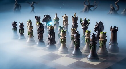 Chess pieces on a board in a mystical fog