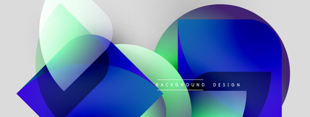 Abstract shapes overlap, creating vibrant blue, green gradients. Modern design feels dynamic, clean, suitable backgrounds.