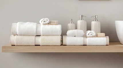 White and beige towels arranged on a floating wooden shelf-style table, minimalist bathroom with high contrast and space for branding text