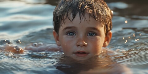 Child enjoying a swim in clear water on a sunny day creating joyful splashes and moments of bliss