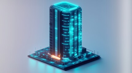 Isometric futuristic building with glowing blue lights on a platform in a studio setting