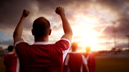 Joyful Soccer Team Celebration in Morning Light with Dreamy Focus from Back View