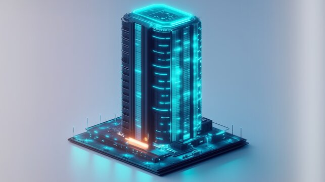 Isometric futuristic building with glowing blue lights on a platform in a studio setting