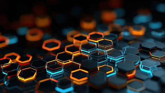 Abstract honeycomb pattern with vibrant glowing hexagons
